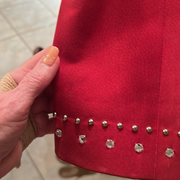 RED SUEDE JEWELED JACKET. Swarovski crystals & Nail heads cascade front & collar - Picture 3 of 8